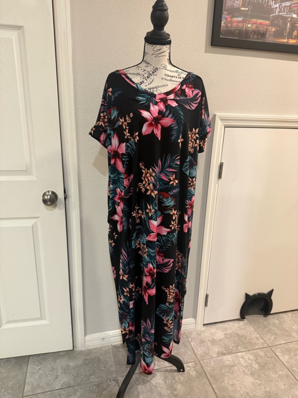 Floral Black Maxi Dress with Pink & Teal Blossoms